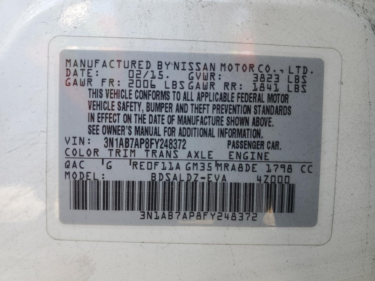 2015 Nissan Sentra S VIN: 3N1AB7AP8FY248372 Lot: 82214205