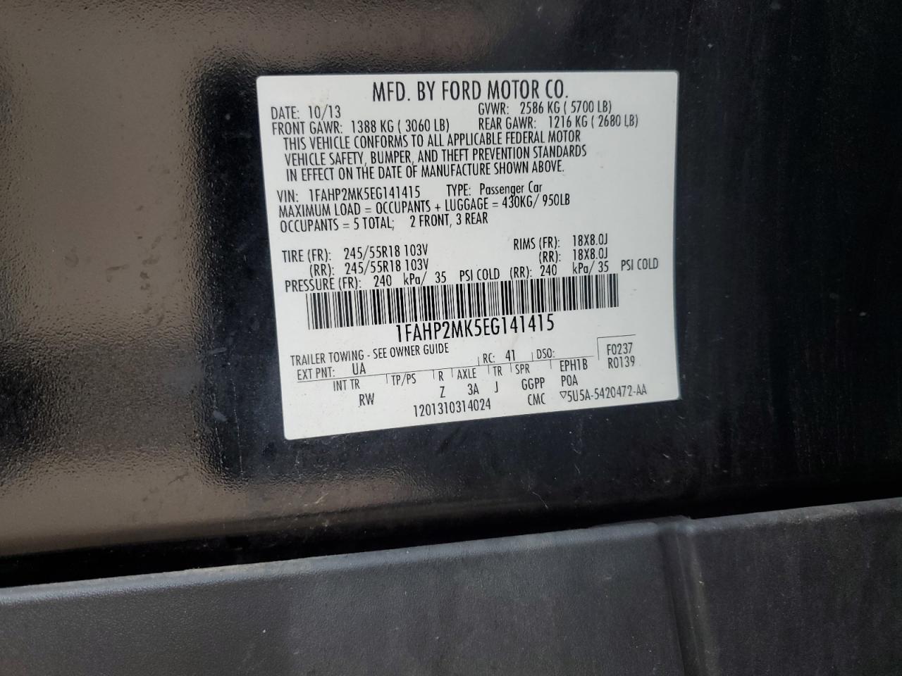 2014 Ford Taurus Police Interceptor VIN: 1FAHP2MK5EG141415 Lot: 89472395