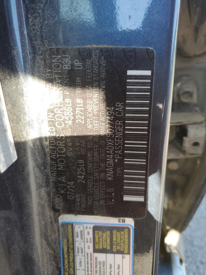 2015 Kia Optima Hybrid VIN: KNAGM4ADXF5077494 Lot: 85818225