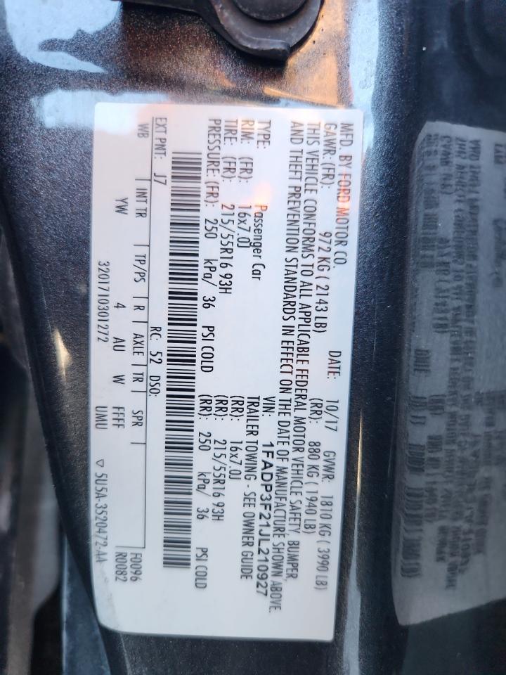 2018 Ford Focus Se VIN: 1FADP3F21JL210927 Lot: 82621365