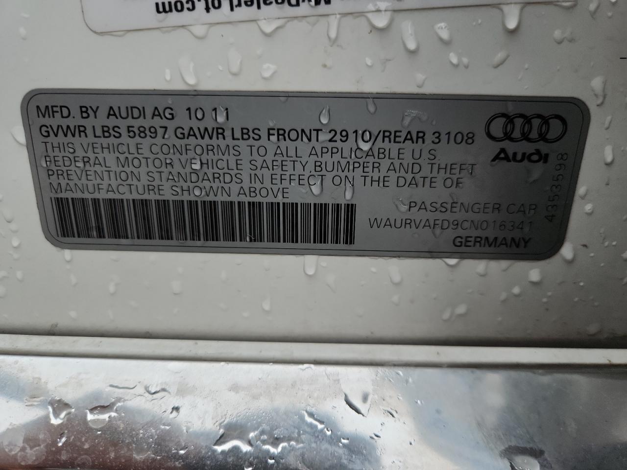 2012 Audi A8 L Quattro VIN: WAURVAFD9CN016341 Lot: 85373495