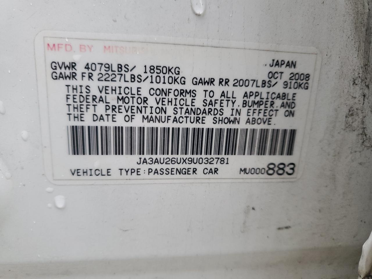 2009 Mitsubishi Lancer Es/Es Sport VIN: JA3AU26UX9U032781 Lot: 90088845