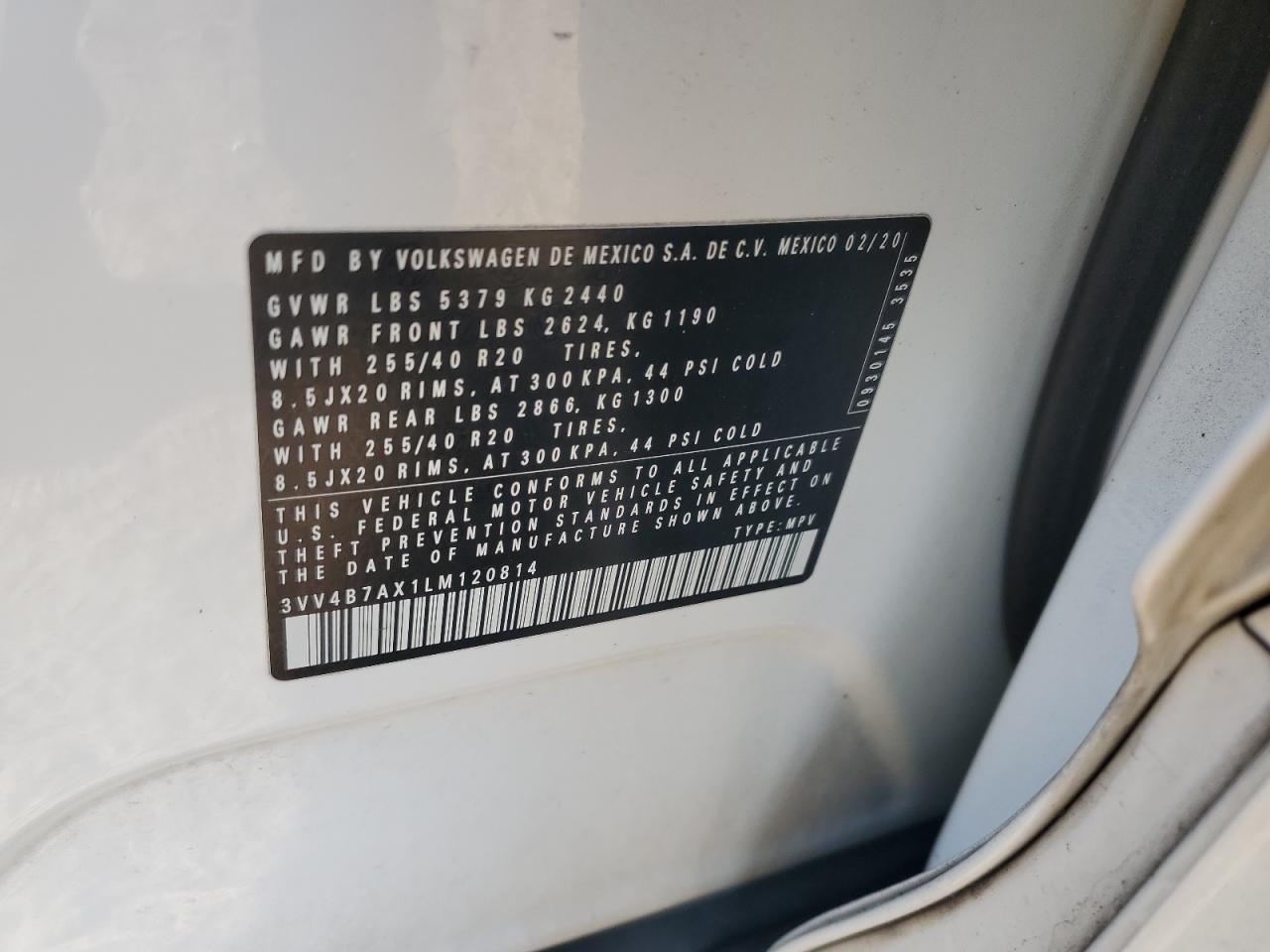 2020 Volkswagen Tiguan Sel Premium R-Line VIN: 3VV4B7AX1LM120814 Lot: 84731975