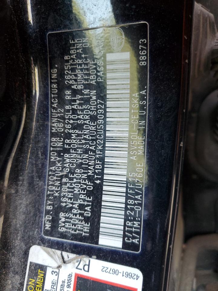 2012 Toyota Camry Base VIN: 4T1BF1FK2CU590927 Lot: 84804555