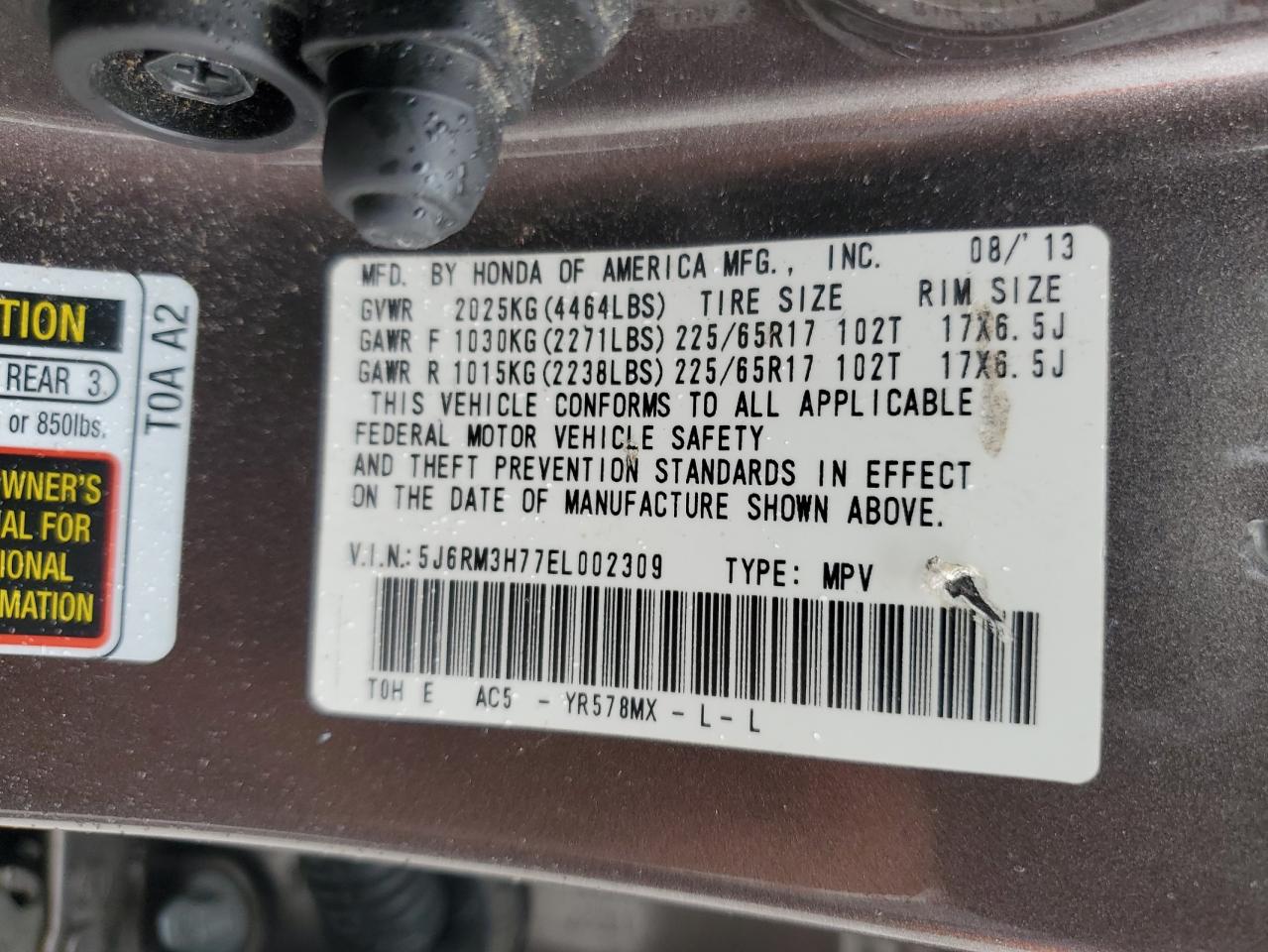 2014 Honda Cr-V Exl VIN: 5J6RM3H77EL002309 Lot: 90261315