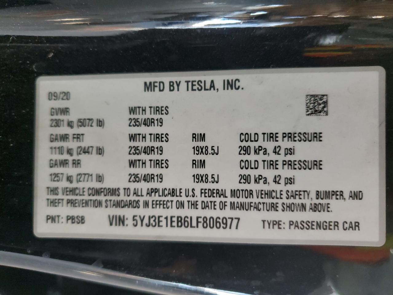 2020 Tesla Model 3 VIN: 5YJ3E1EB6LF806977 Lot: 85599775