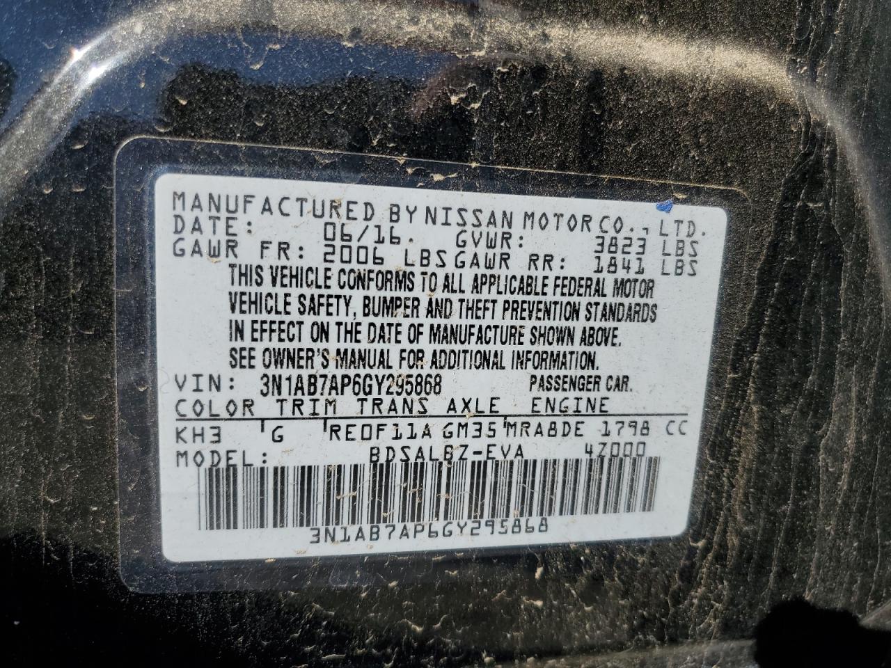 2016 Nissan Sentra S VIN: 3N1AB7AP6GY295868 Lot: 85704135