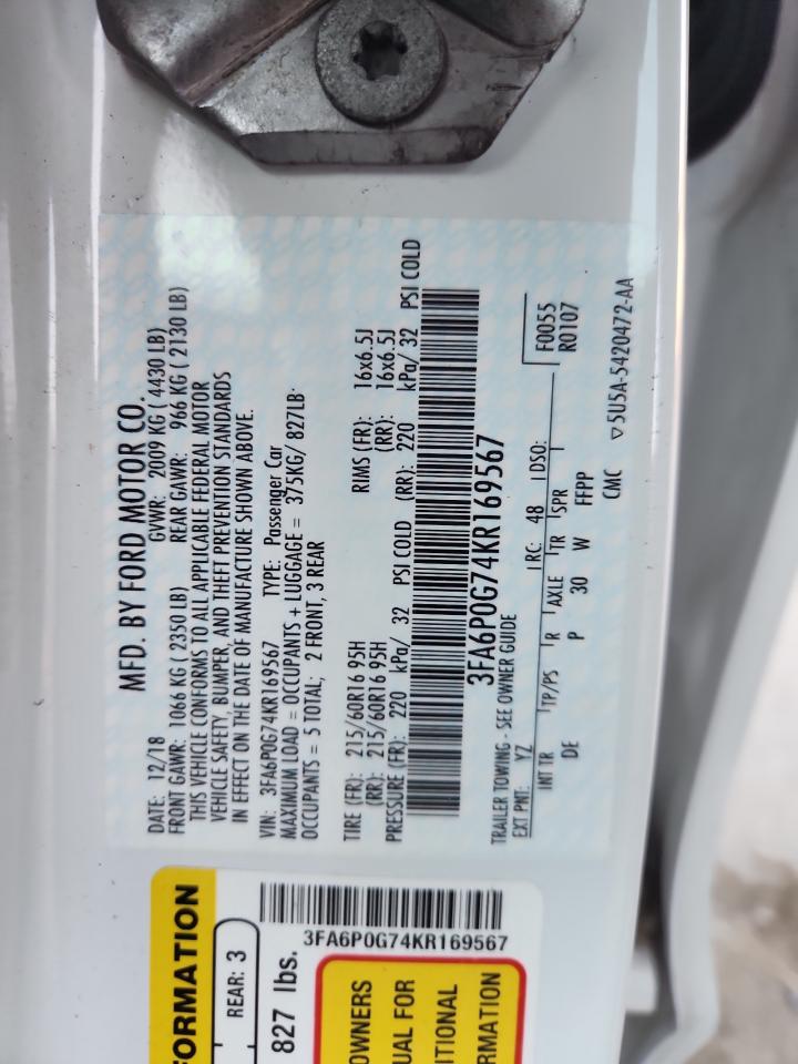 2019 Ford Fusion S VIN: 3FA6P0G74KR169567 Lot: 90420965