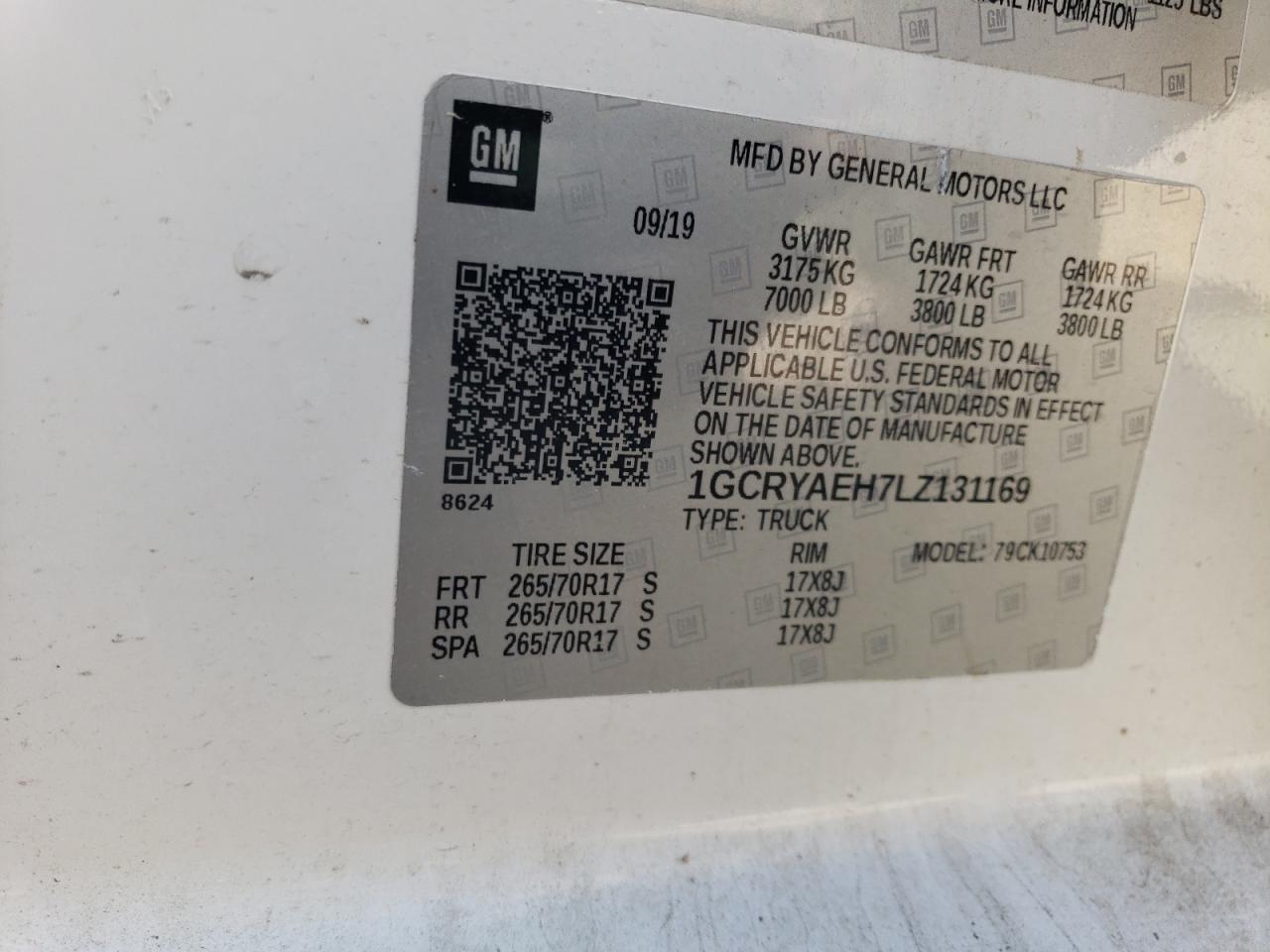 2020 Chevrolet Silverado K1500 VIN: 1GCRYAEH7LZ131169 Lot: 85272895