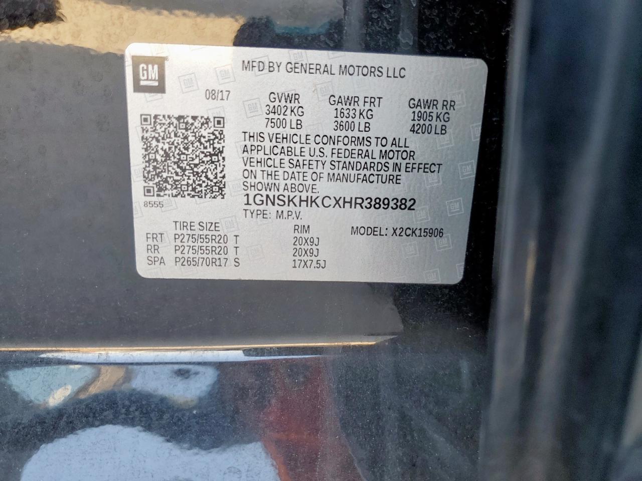 2017 Chevrolet Suburban K1500 Lt VIN: 1GNSKHKCXHR389382 Lot: 85829455