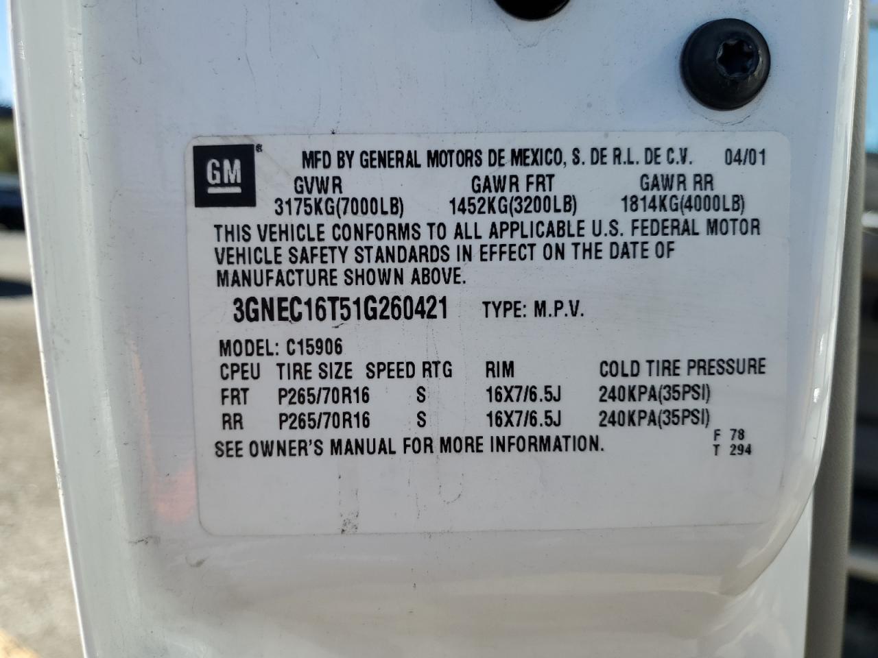 2001 Chevrolet Suburban C1500 VIN: 3GNEC16T51G260421 Lot: 85195385