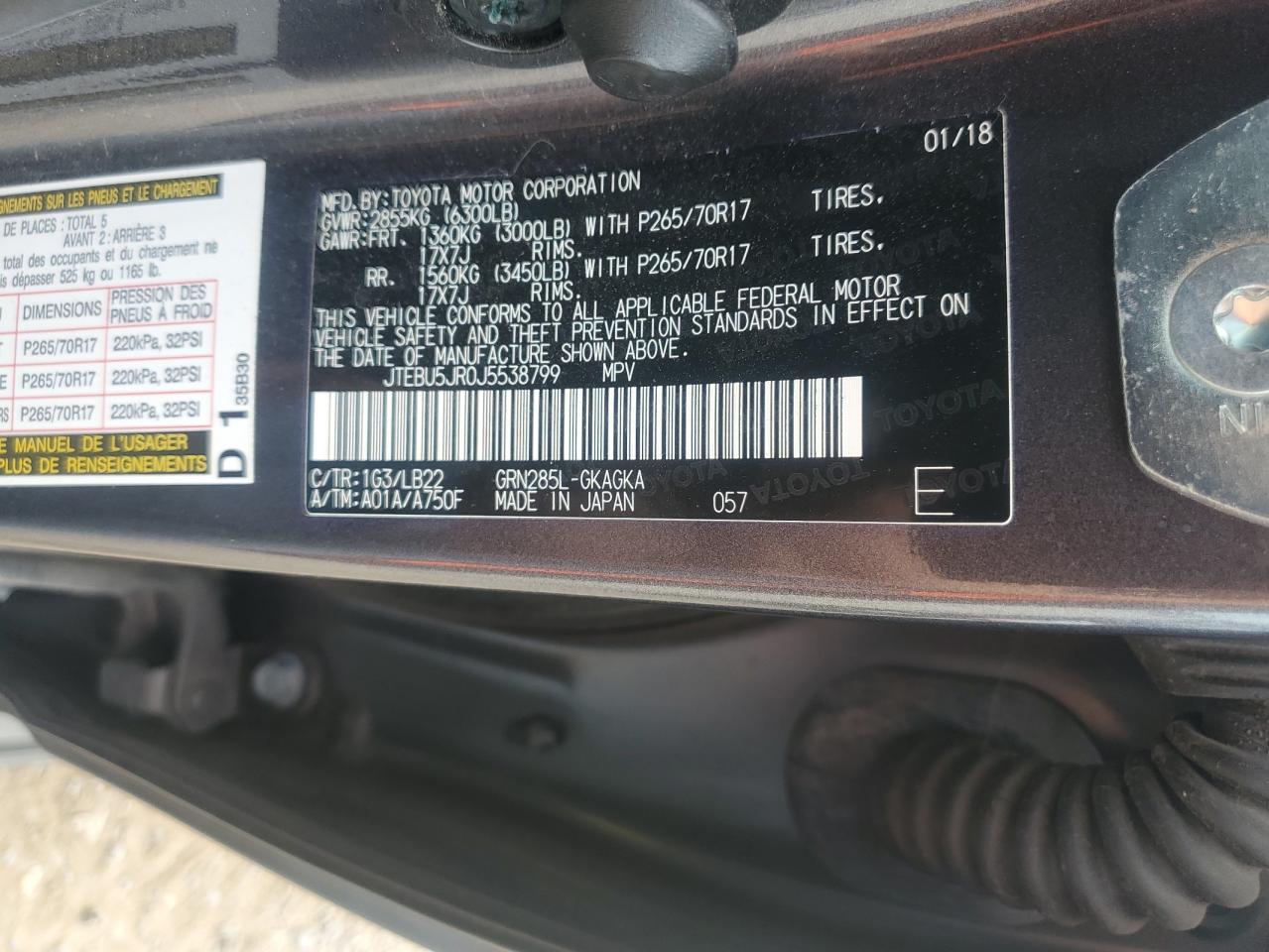 2018 Toyota 4Runner Sr5/Sr5 Premium VIN: JTEBU5JR0J5538799 Lot: 85705485