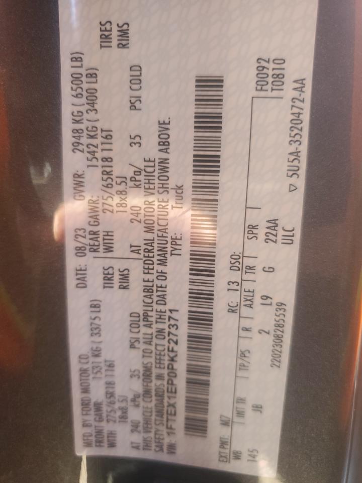 2023 Ford F150 Super Cab VIN: 1FTEX1EP0PKF27371 Lot: 84961835