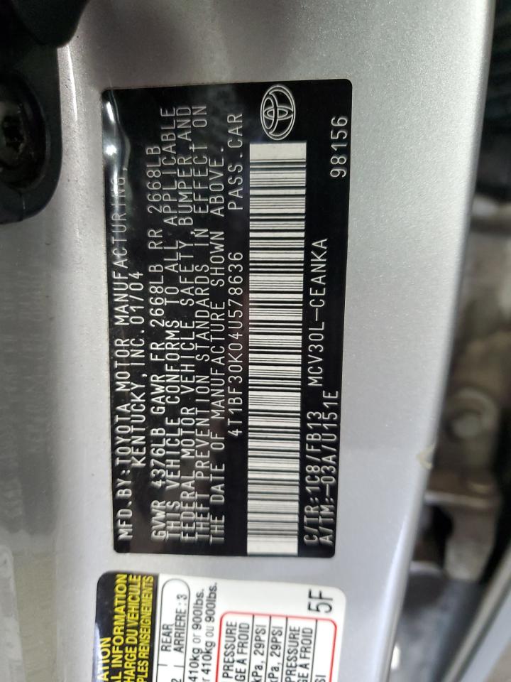 2004 Toyota Camry Le VIN: 4T1BF30K04U578636 Lot: 84881195