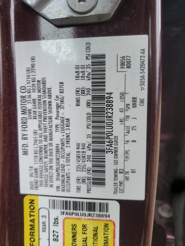 2018 Ford Fusion Se Hybrid VIN: 3FA6P0LU0JR238894 Lot: 86545245