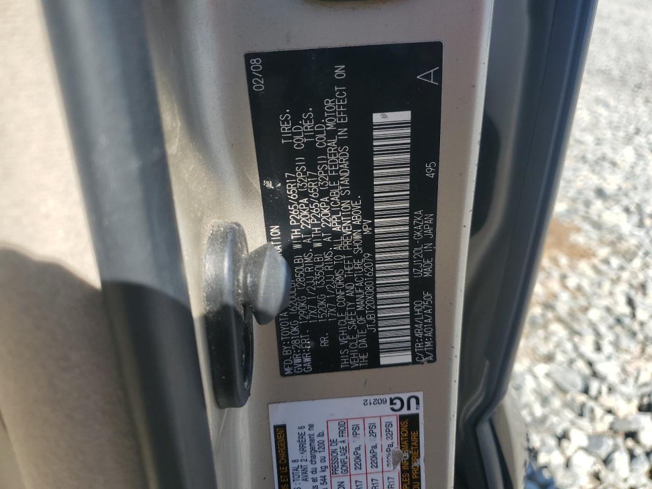 2008 Lexus Gx 470 VIN: JTJBT20X080162079 Lot: 86332885