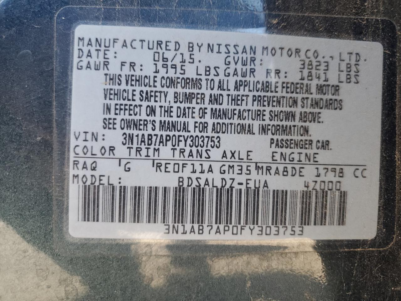 2015 Nissan Sentra S VIN: 3N1AB7AP0FY303753 Lot: 85846565