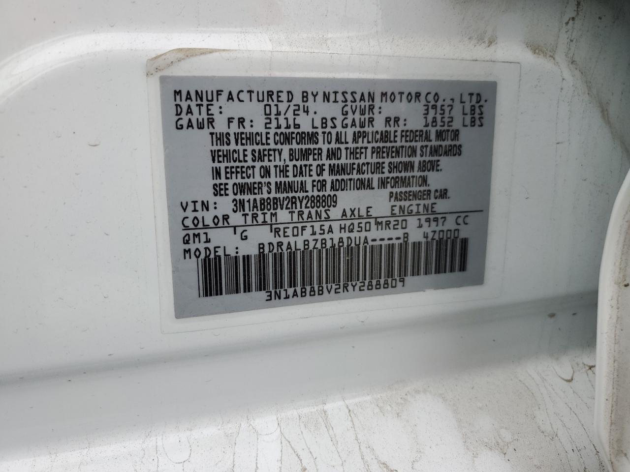 2024 Nissan Sentra S VIN: 3N1AB8BV2RY288809 Lot: 85861295