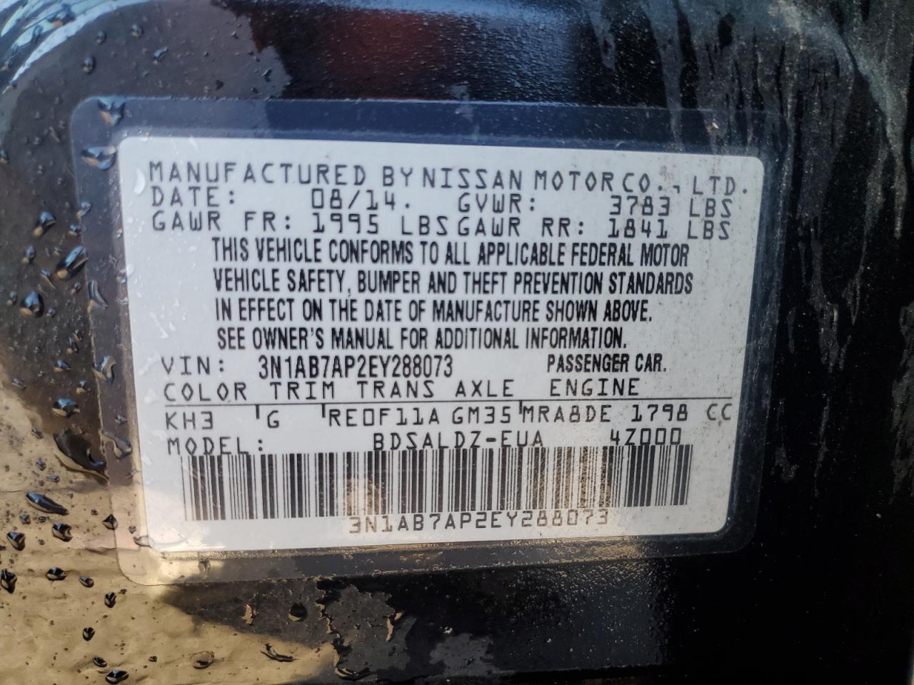 2014 Nissan Sentra S VIN: 3N1AB7AP2EY288073 Lot: 85916865