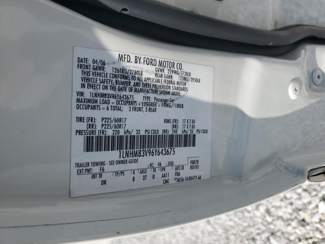 2006 Lincoln Town Car Designer VIN: 1LNHM83V96Y643675 Lot: 84955155