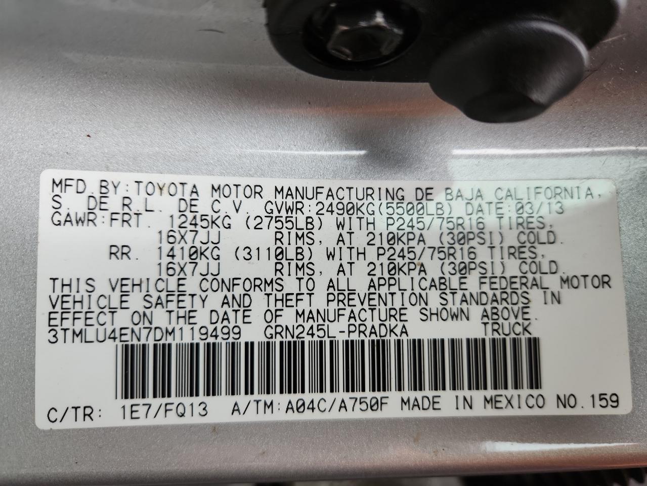 2013 Toyota Tacoma Double Cab VIN: 3TMLU4EN7DM119499 Lot: 85001405