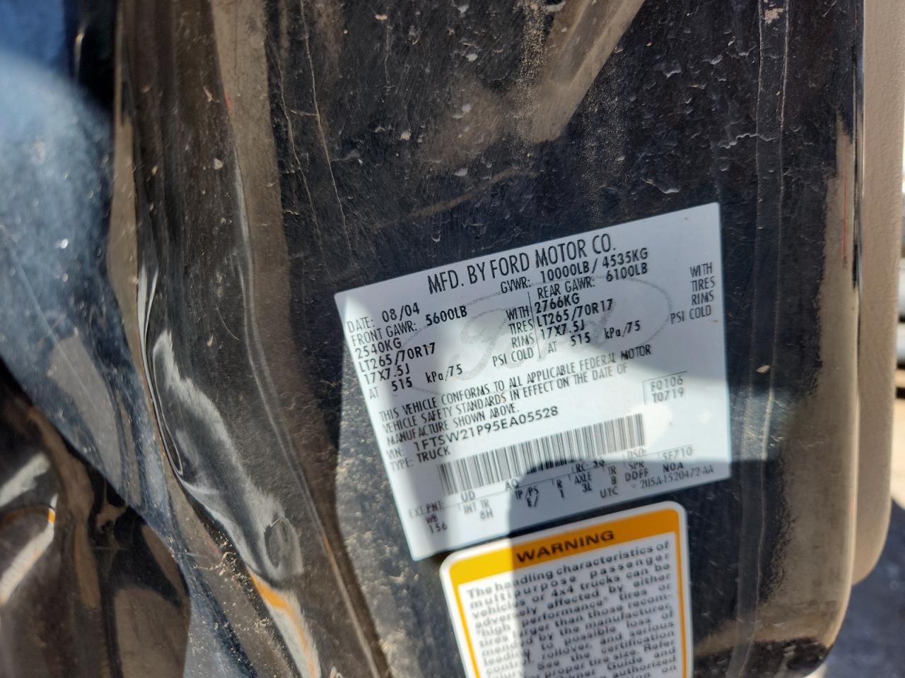 2005 Ford F250 Super Duty VIN: 1FTSW21P95EA05528 Lot: 89917915