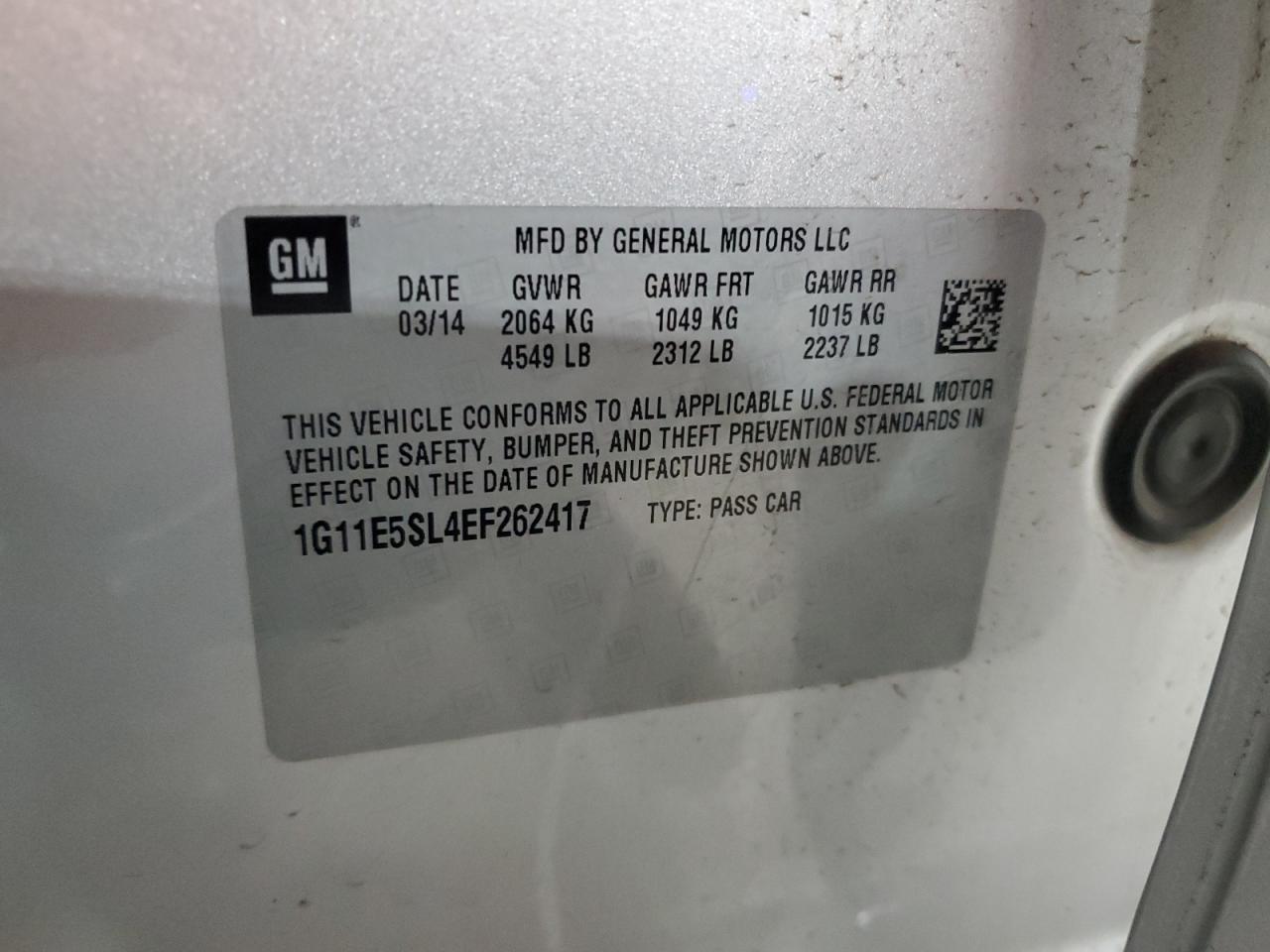 2014 Chevrolet Malibu 2Lt VIN: 1G11E5SL4EF262417 Lot: 85362695