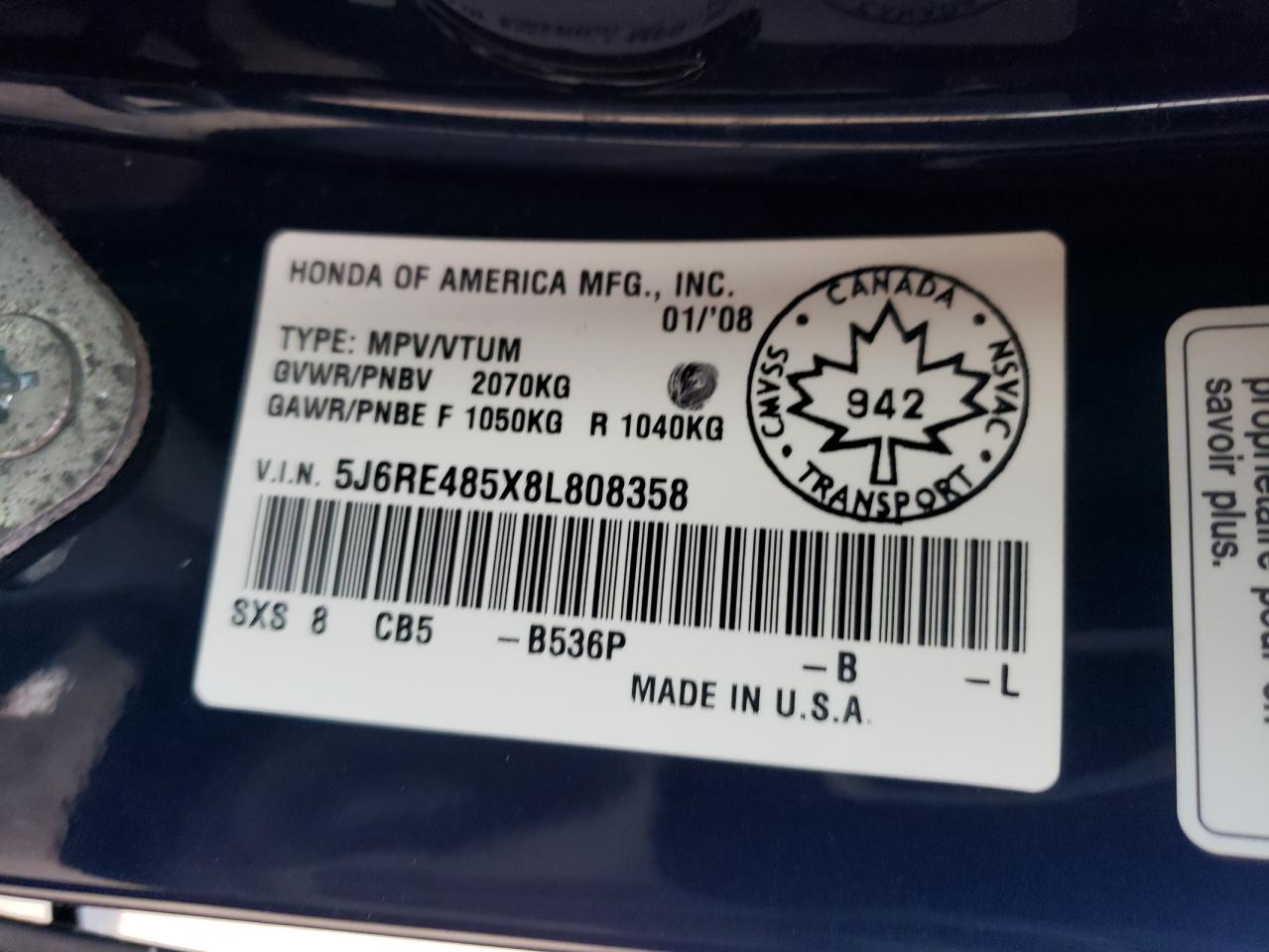 2008 Honda Cr-V Ex VIN: 5J6RE485X8L808358 Lot: 86125905