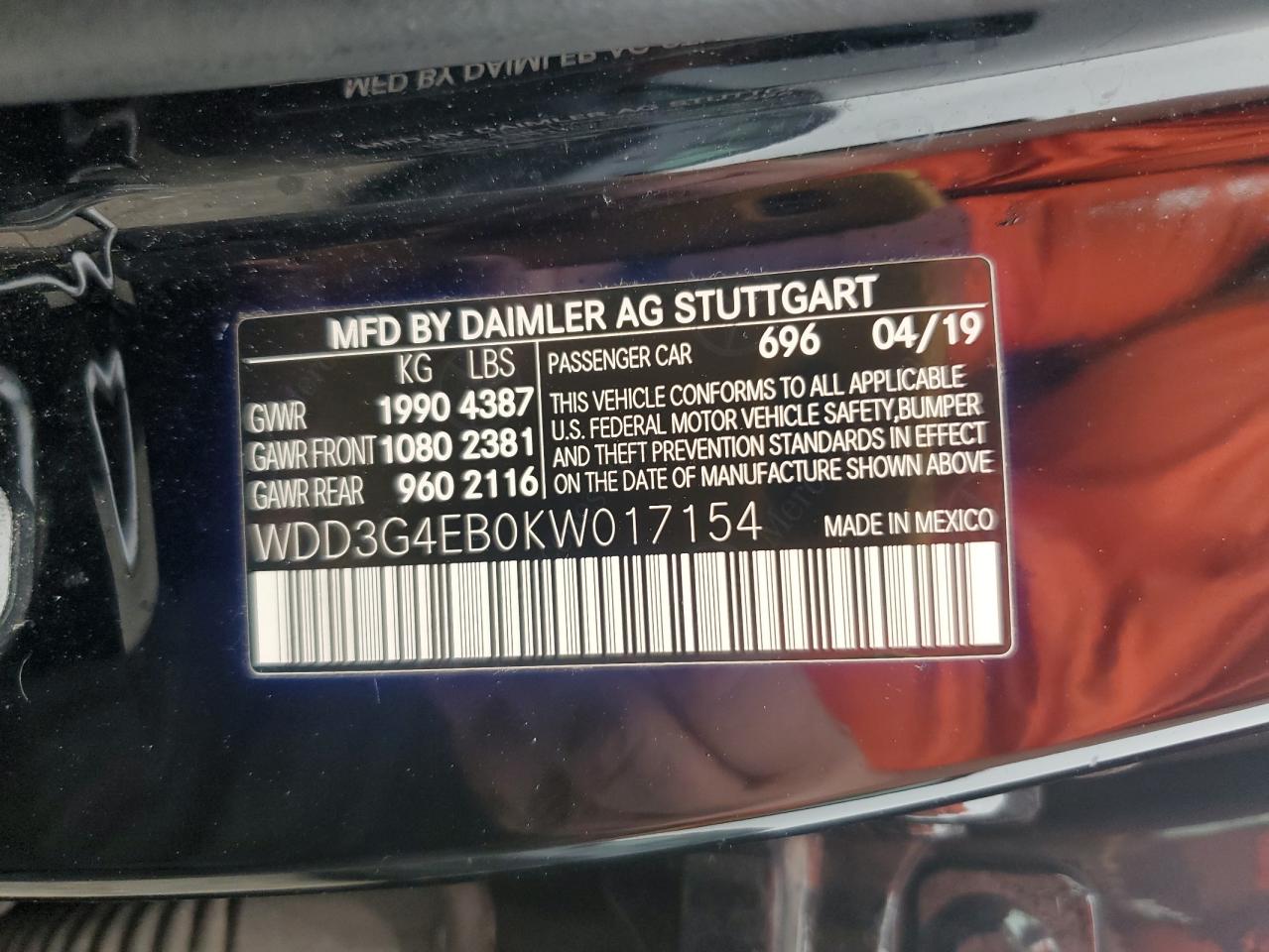 2019 Mercedes-Benz A 220 VIN: WDD3G4EB0KW017154 Lot: 90528685