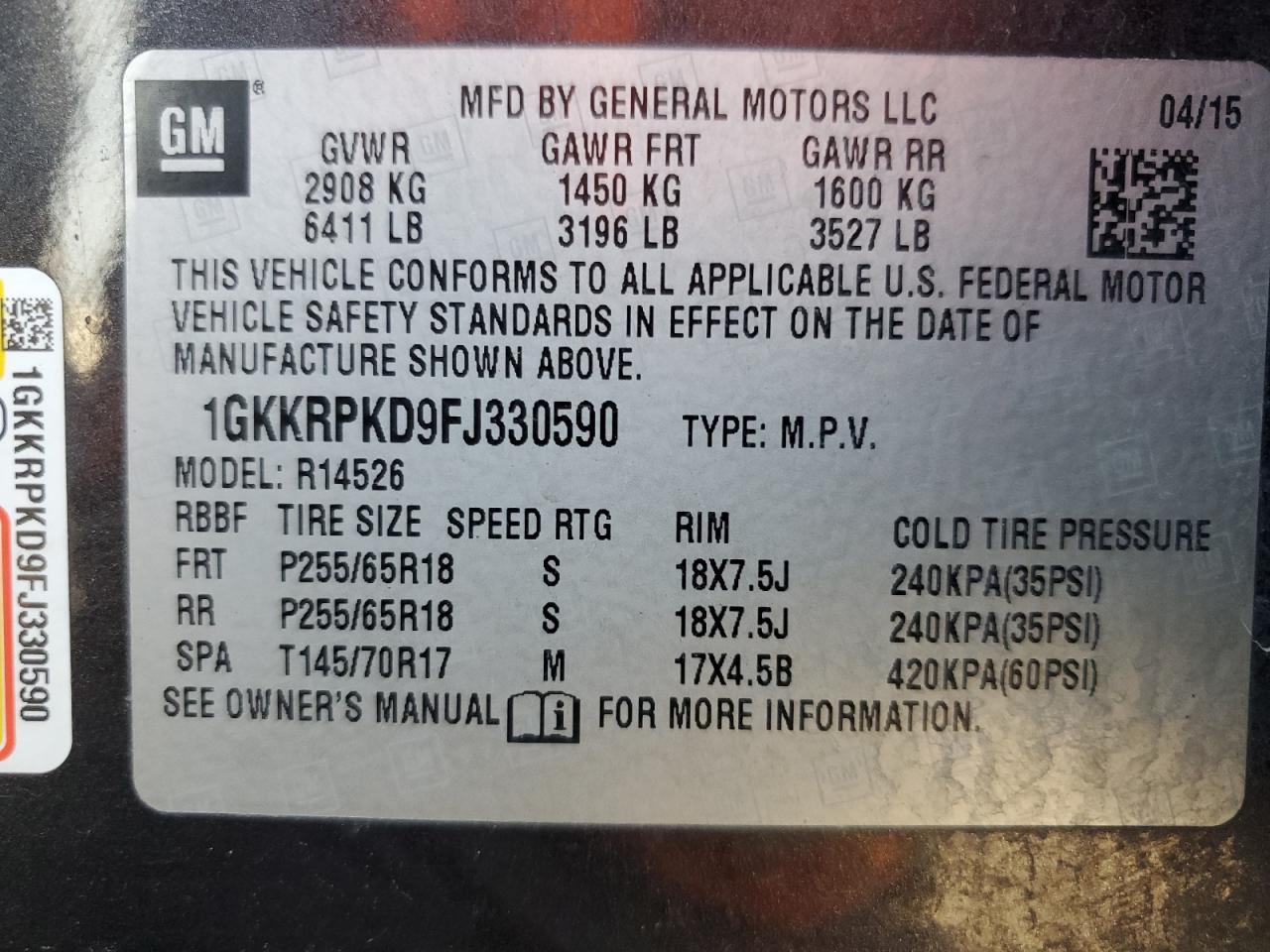 2015 GMC Acadia Sle VIN: 1GKKRPKD9FJ330590 Lot: 85703755