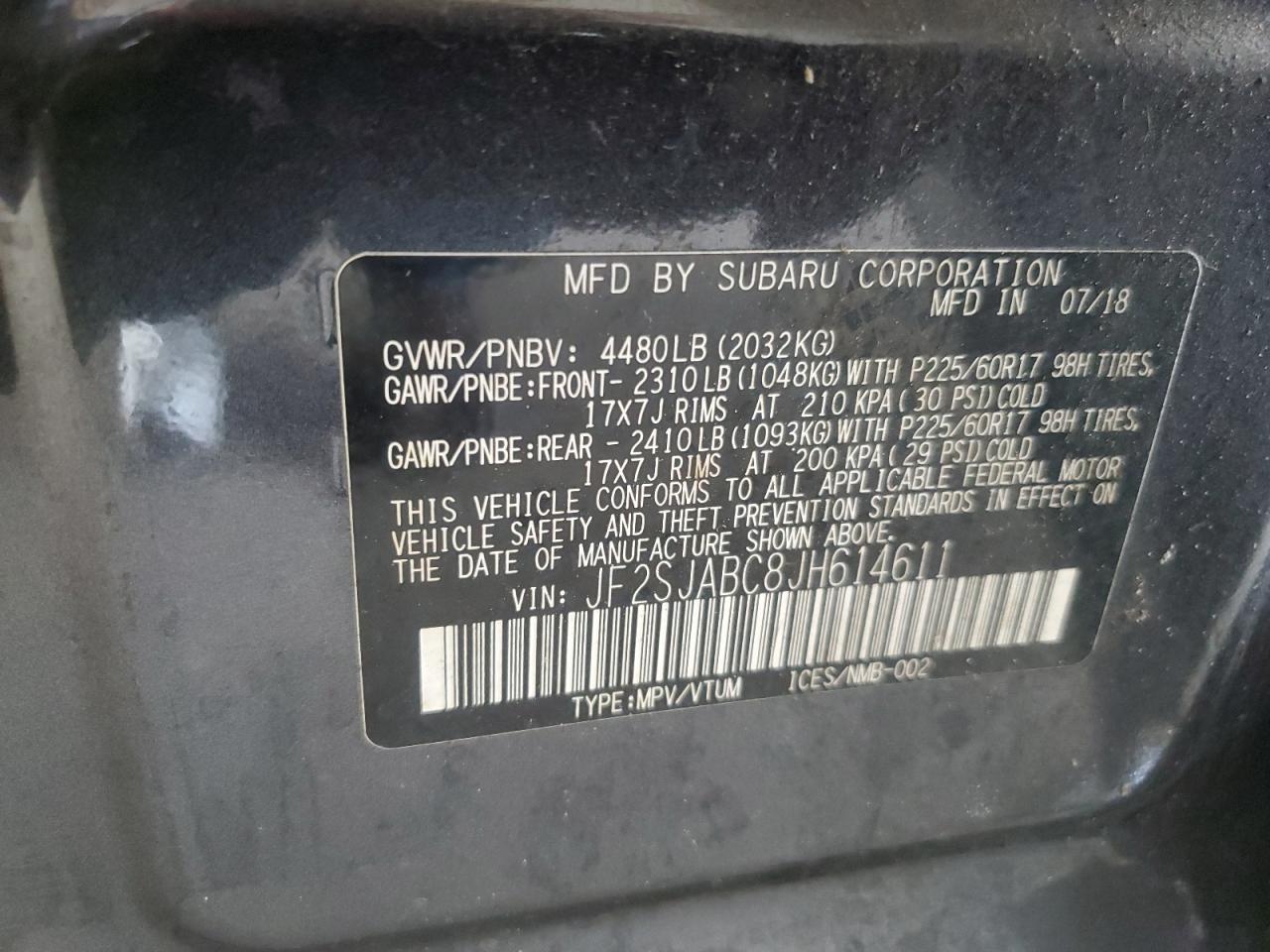 2018 Subaru Forester 2.5I VIN: JF2SJABC8JH614611 Lot: 84969525