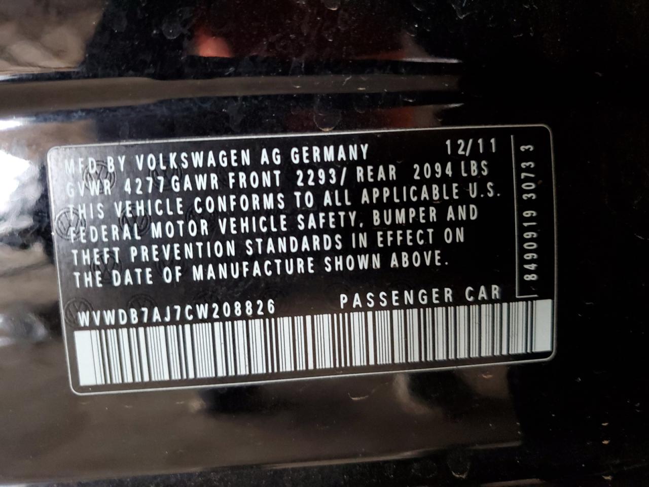 2012 Volkswagen Golf VIN: WVWDB7AJ7CW208826 Lot: 86280485