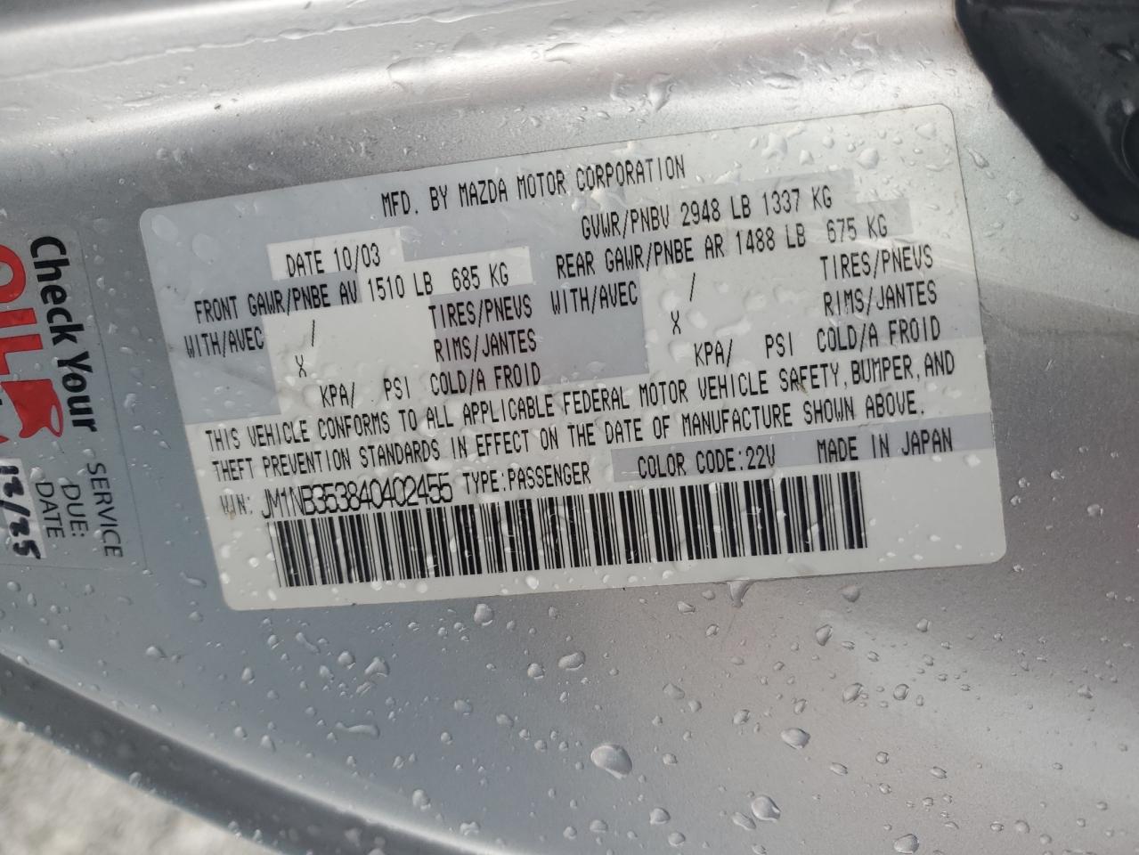 2004 Mazda Mx-5 Miata Base VIN: JM1NB353840402455 Lot: 86478215