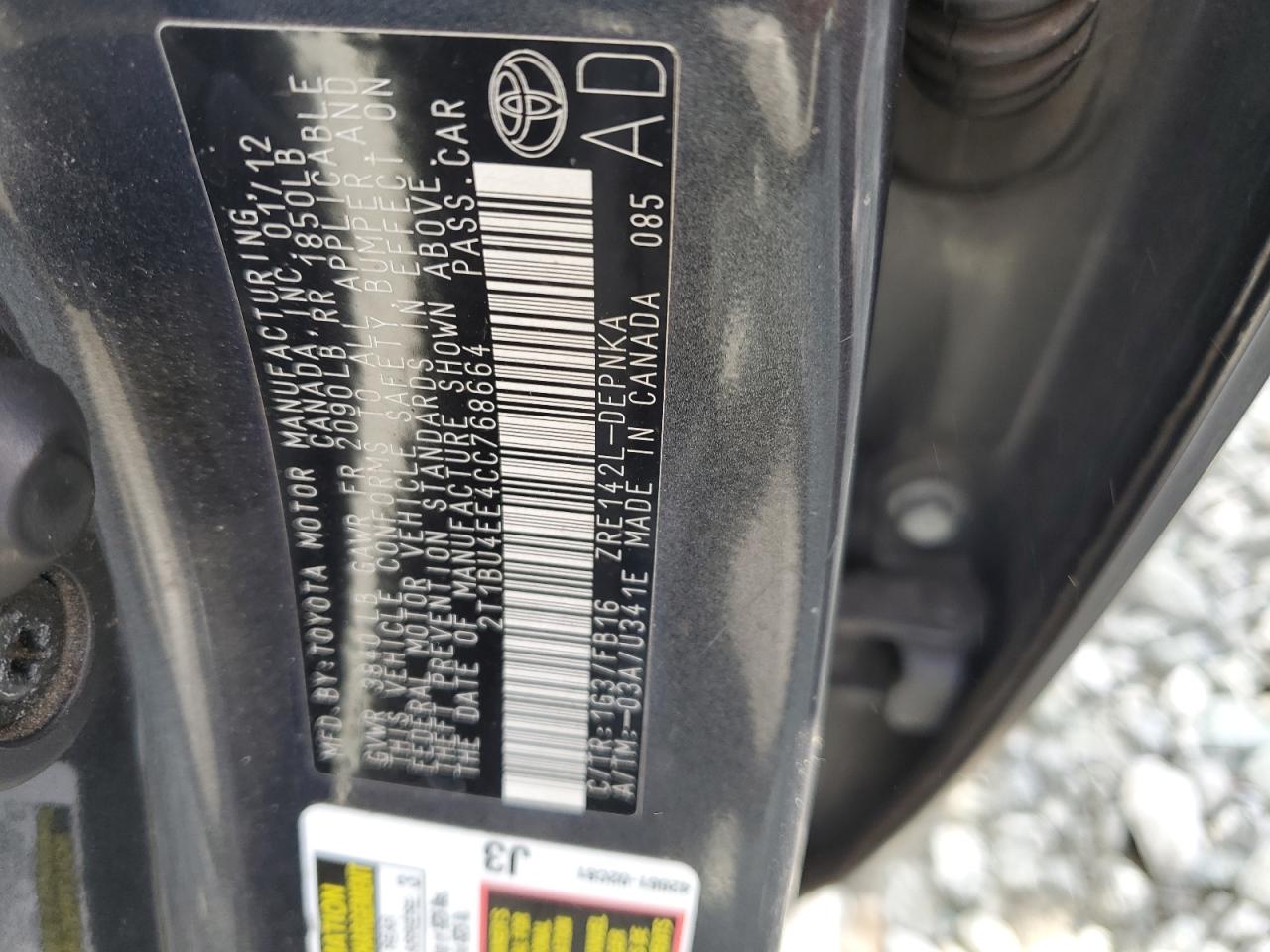 2012 Toyota Corolla Base VIN: 2T1BU4EE4CC768664 Lot: 82468885