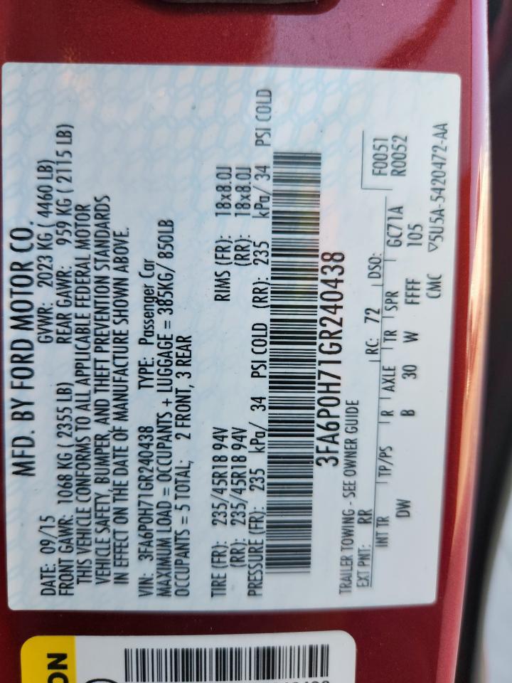 2016 Ford Fusion Se VIN: 3FA6P0H71GR240438 Lot: 86498015