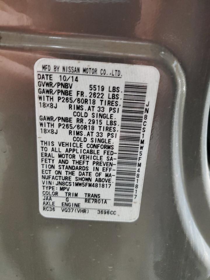 2015 Infiniti Qx70 VIN: JN8CS1MW5FM481817 Lot: 86517695