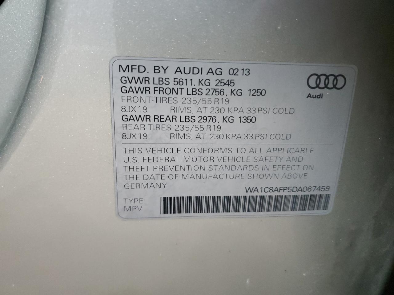 2013 Audi Q5 Premium Hybrid VIN: WA1C8AFP5DA067459 Lot: 82415195