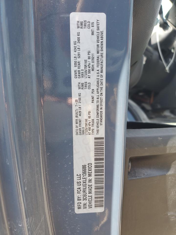 2020 Ram Promaster 3500 3500 High VIN: 3C6URVJGXLE136686 Lot: 84764245