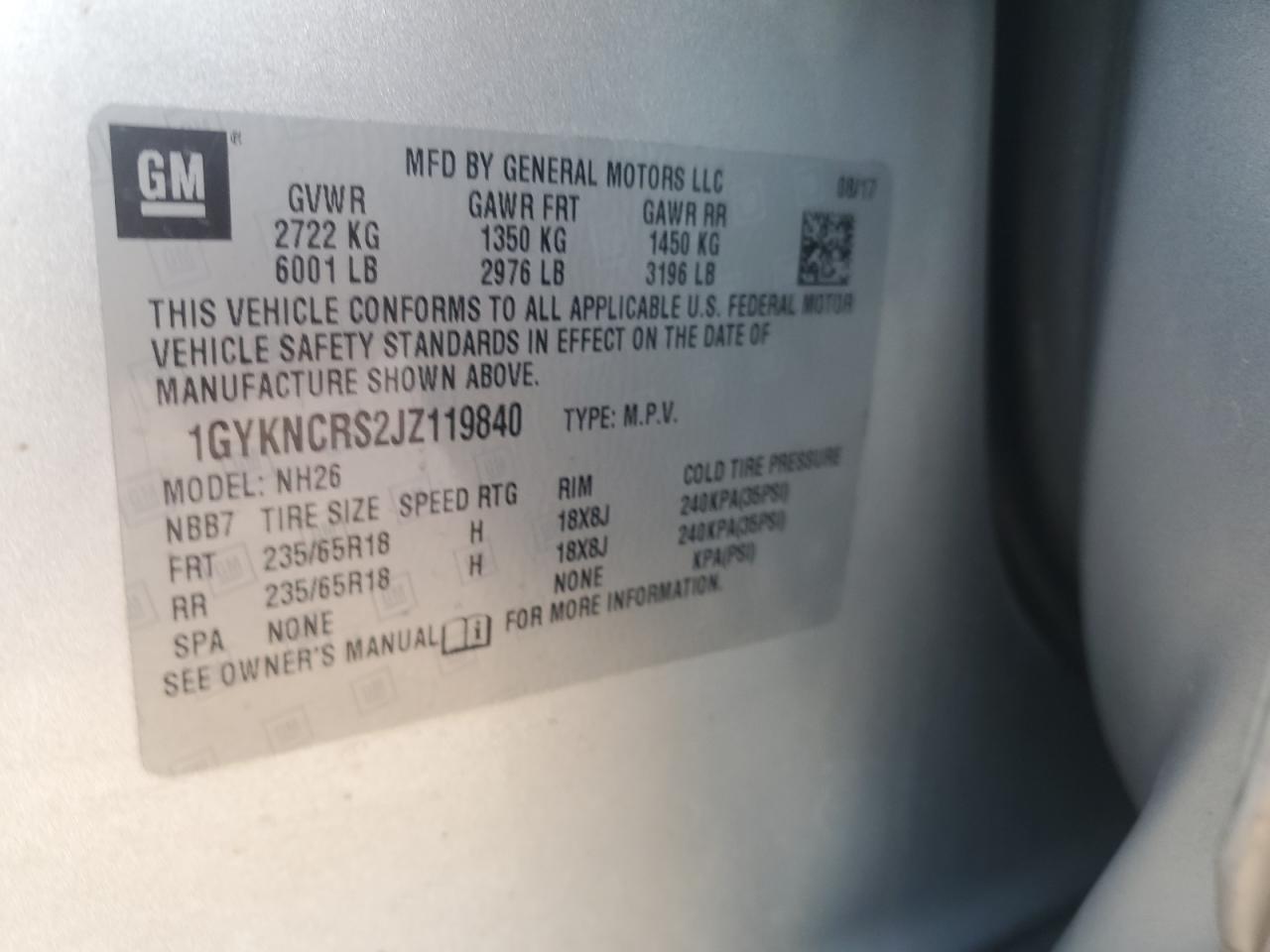 2018 Cadillac Xt5 Luxury VIN: 1GYKNCRS2JZ119840 Lot: 84302685