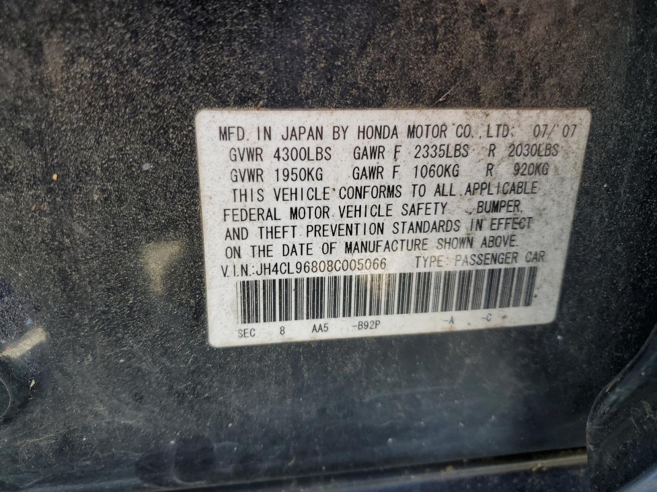 2008 Acura Tsx VIN: JH4CL96808C005066 Lot: 82225715
