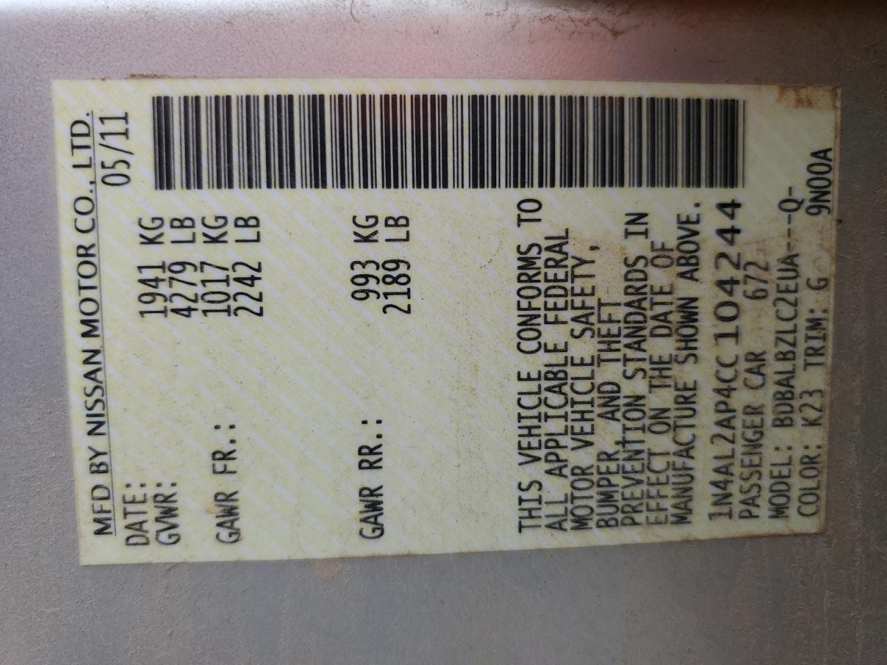 2012 Nissan Altima Base VIN: 1N4AL2AP4CC104244 Lot: 82436065