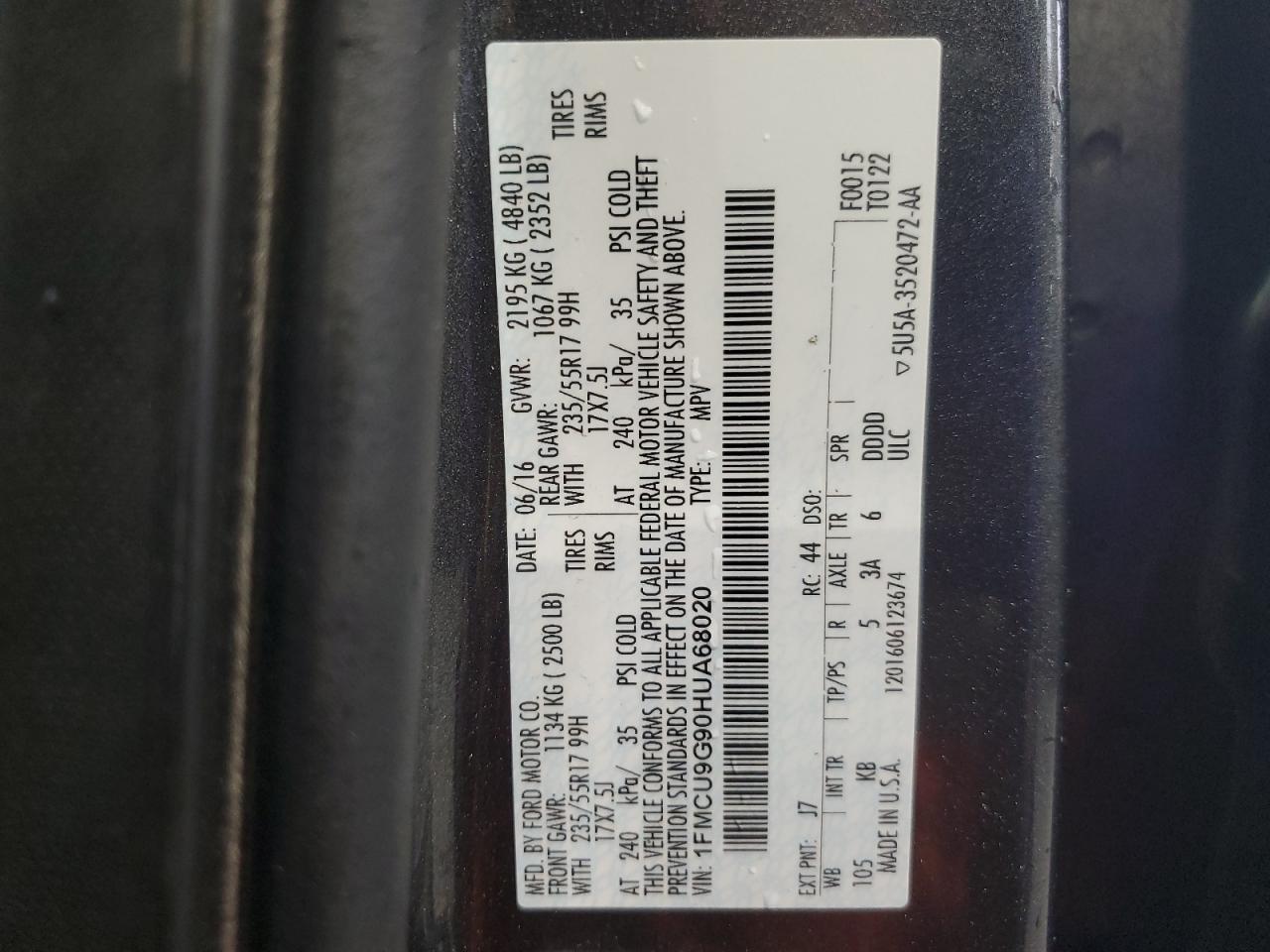 2017 Ford Escape Se VIN: 1FMCU9G90HUA68020 Lot: 85135135