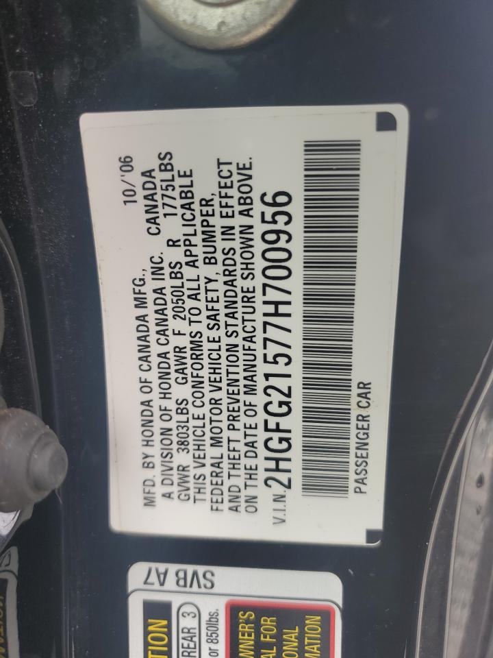 2007 Honda Civic Si VIN: 2HGFG21577H700956 Lot: 85526075