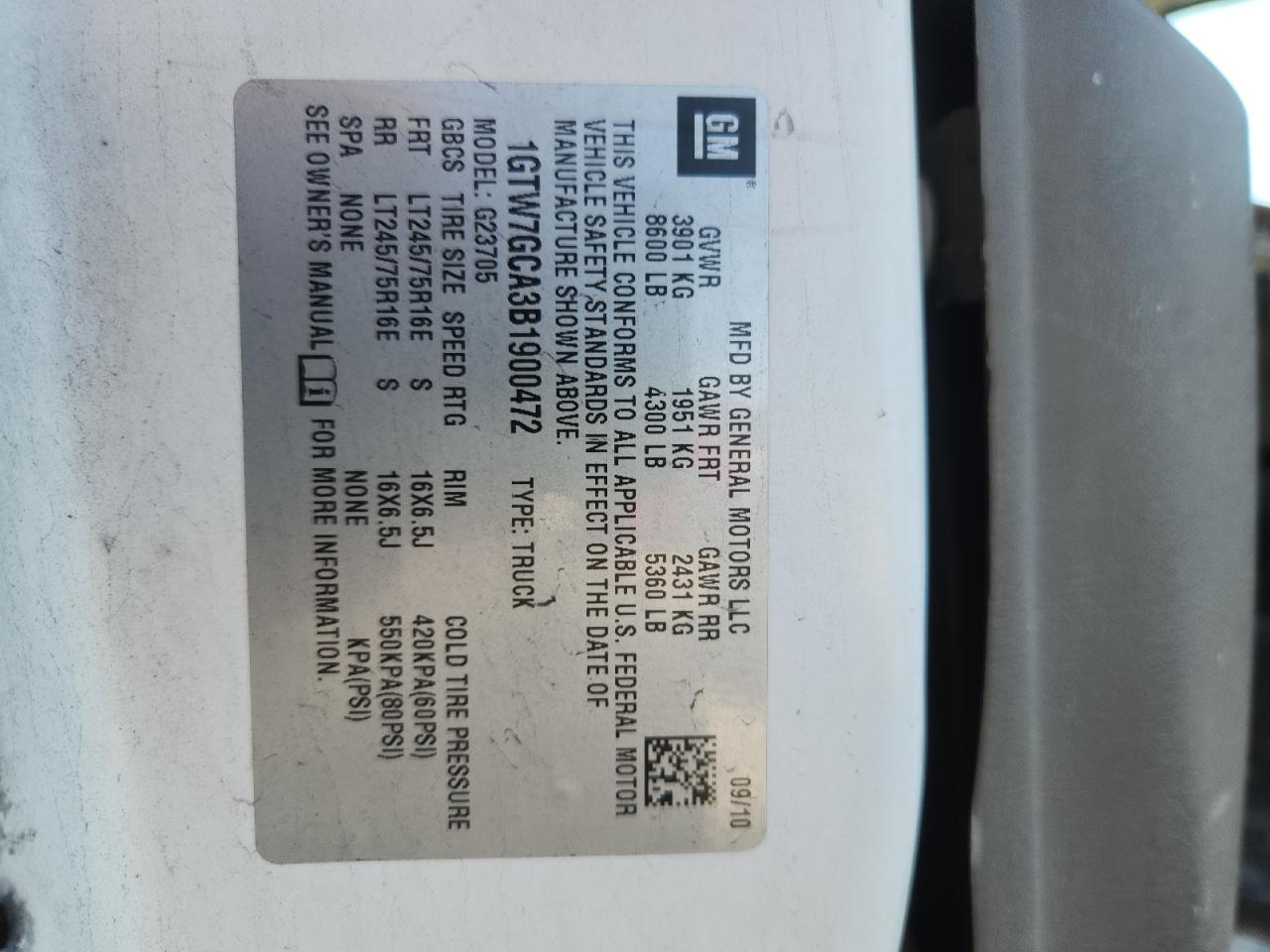 2011 GMC Savana G2500 VIN: 1GTW7GCA3B1900472 Lot: 81885385