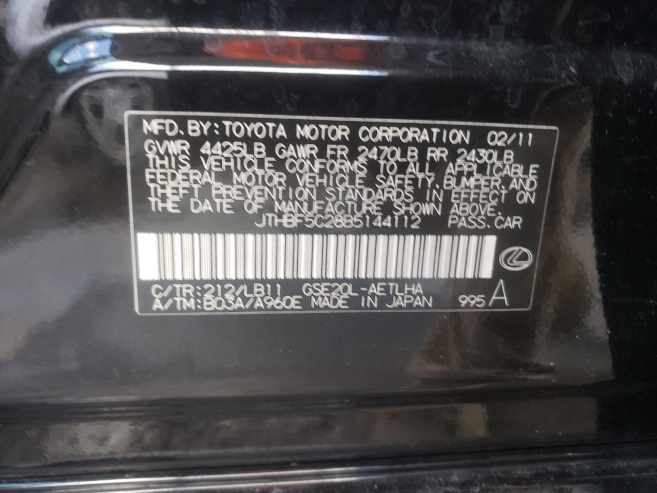 2011 Lexus Is 250 VIN: JTHBF5C28B5144112 Lot: 84481395