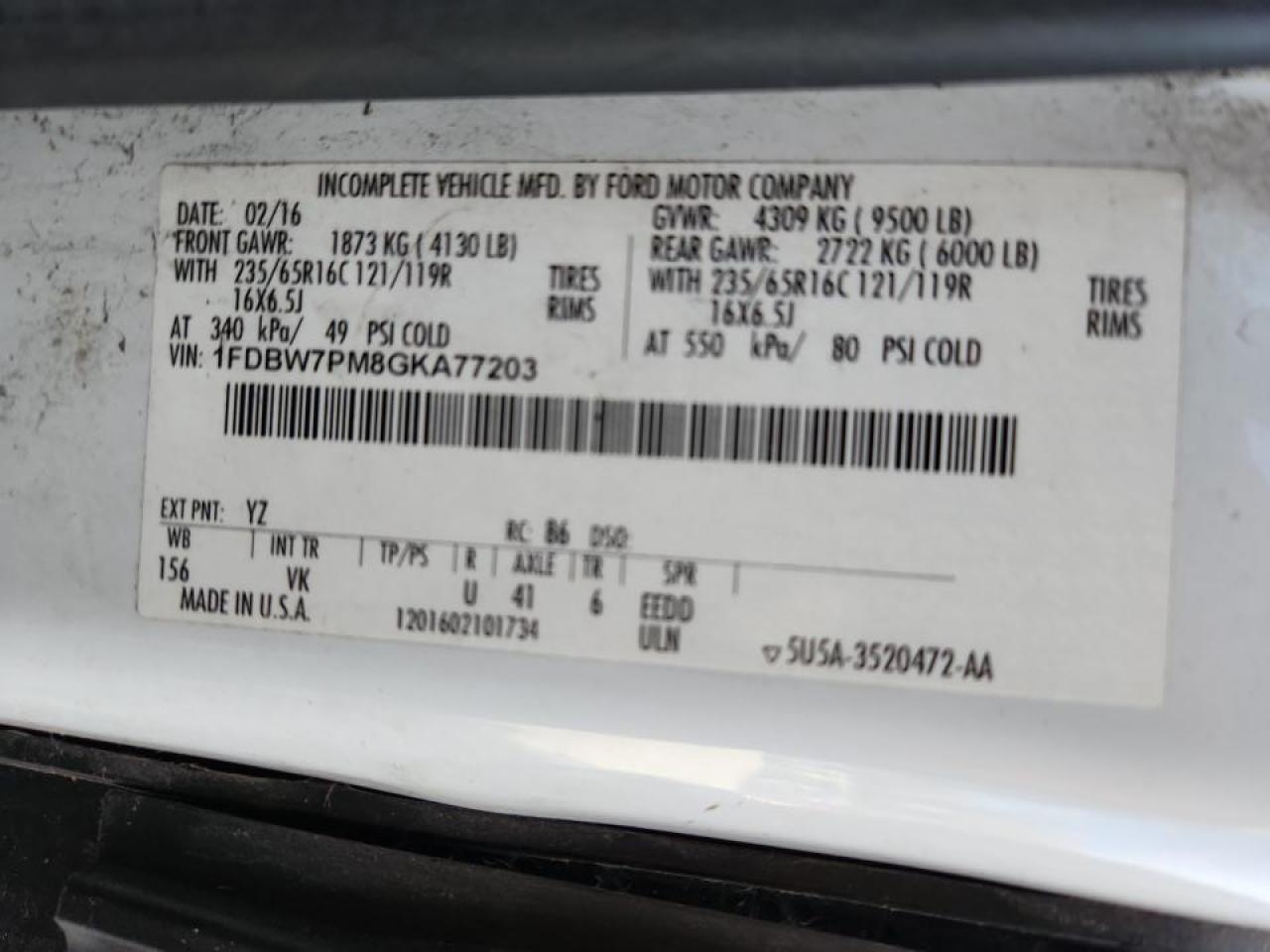 2016 Ford Transit Utility / Service Van VIN: 1FDBW7PM8GKA77203 Lot: 87309615