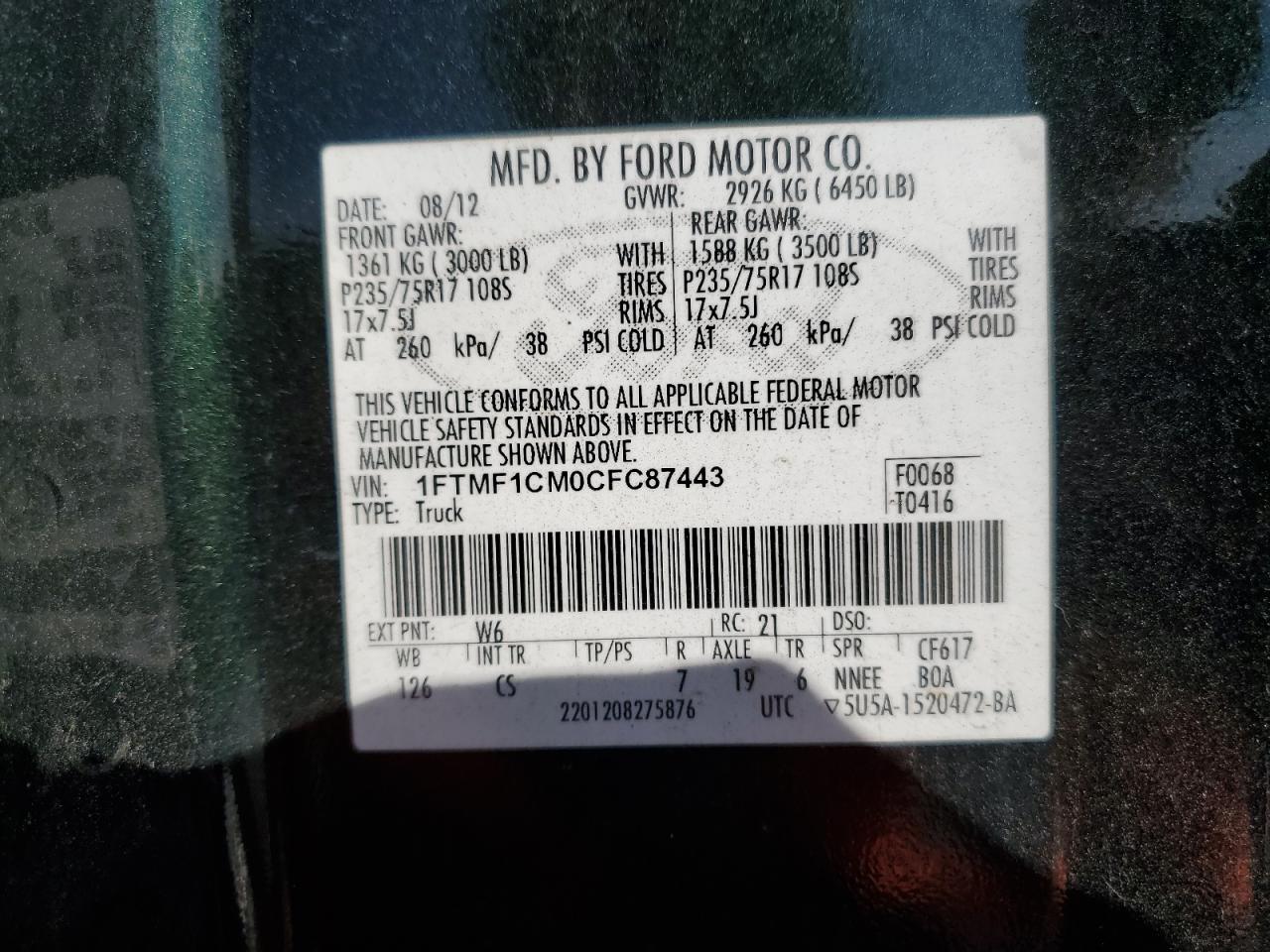 2012 Ford F150 VIN: 1FTMF1CM0CFC87443 Lot: 82760605