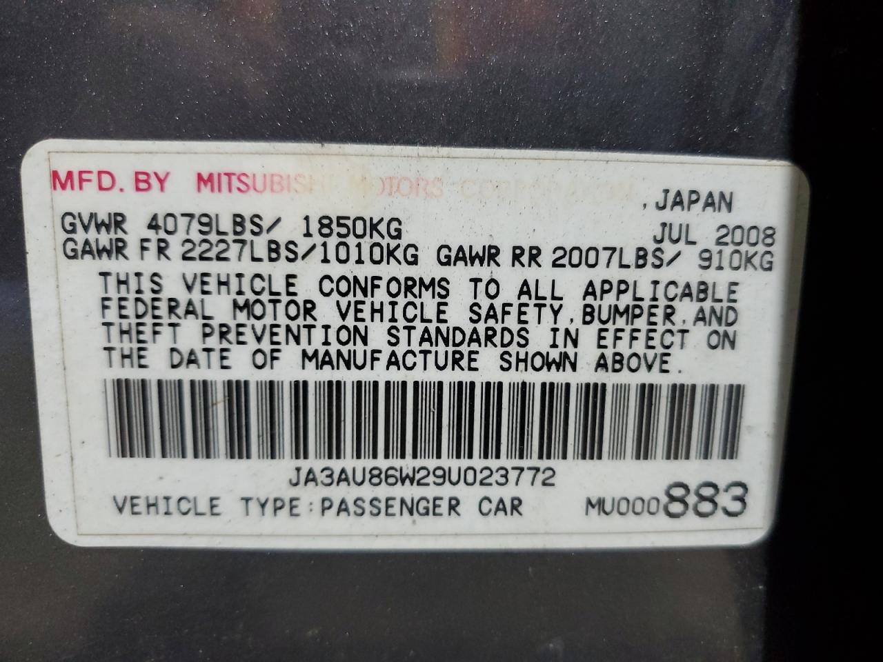 2009 Mitsubishi Lancer Gts VIN: JA3AU86W29U023772 Lot: 86897295