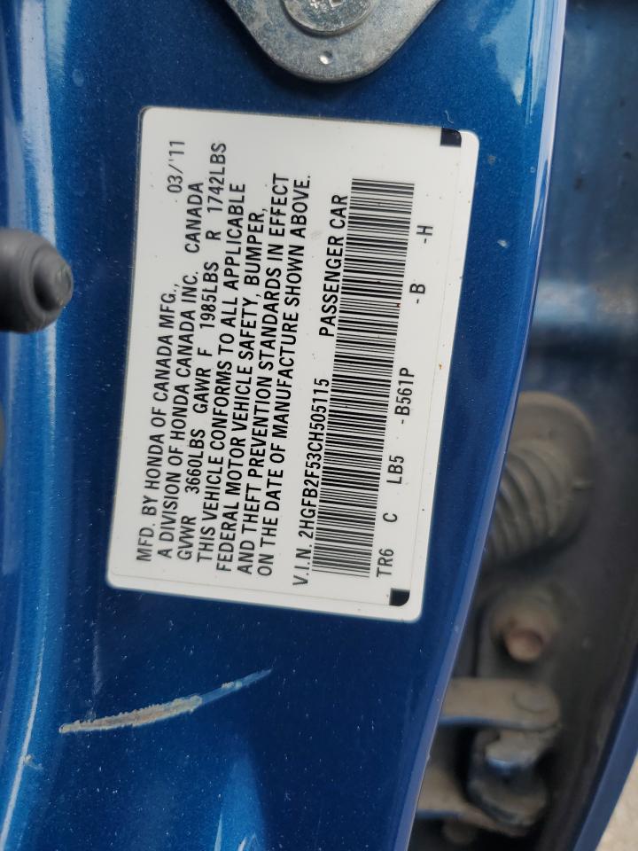 2012 Honda Civic Lx VIN: 2HGFB2F53CH505115 Lot: 85662735