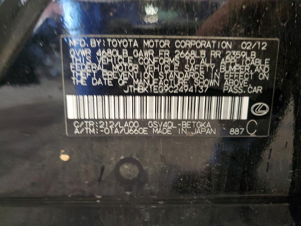 2012 Lexus Es 350 VIN: JTHBK1EG9C2494137 Lot: 85284765